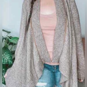 LAMade Alpaca Wool Blend Longline Waterfall Cardigan leather piping Sweater S